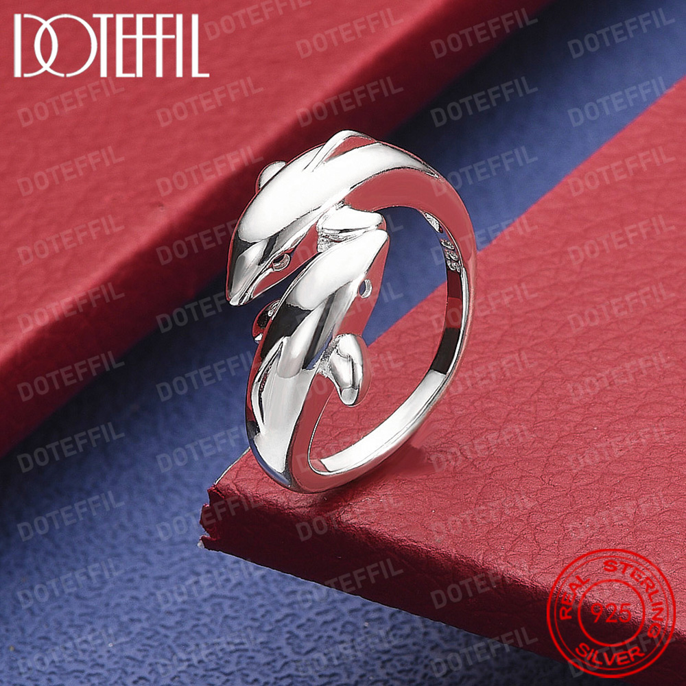 Statement Cocktail Ring - 925 Sterling Silver Double Dolphin Charm