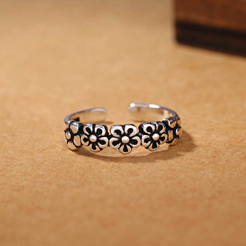 Statement Cocktail Ring - 925 Sterling Silver Retro Flower Adjustable