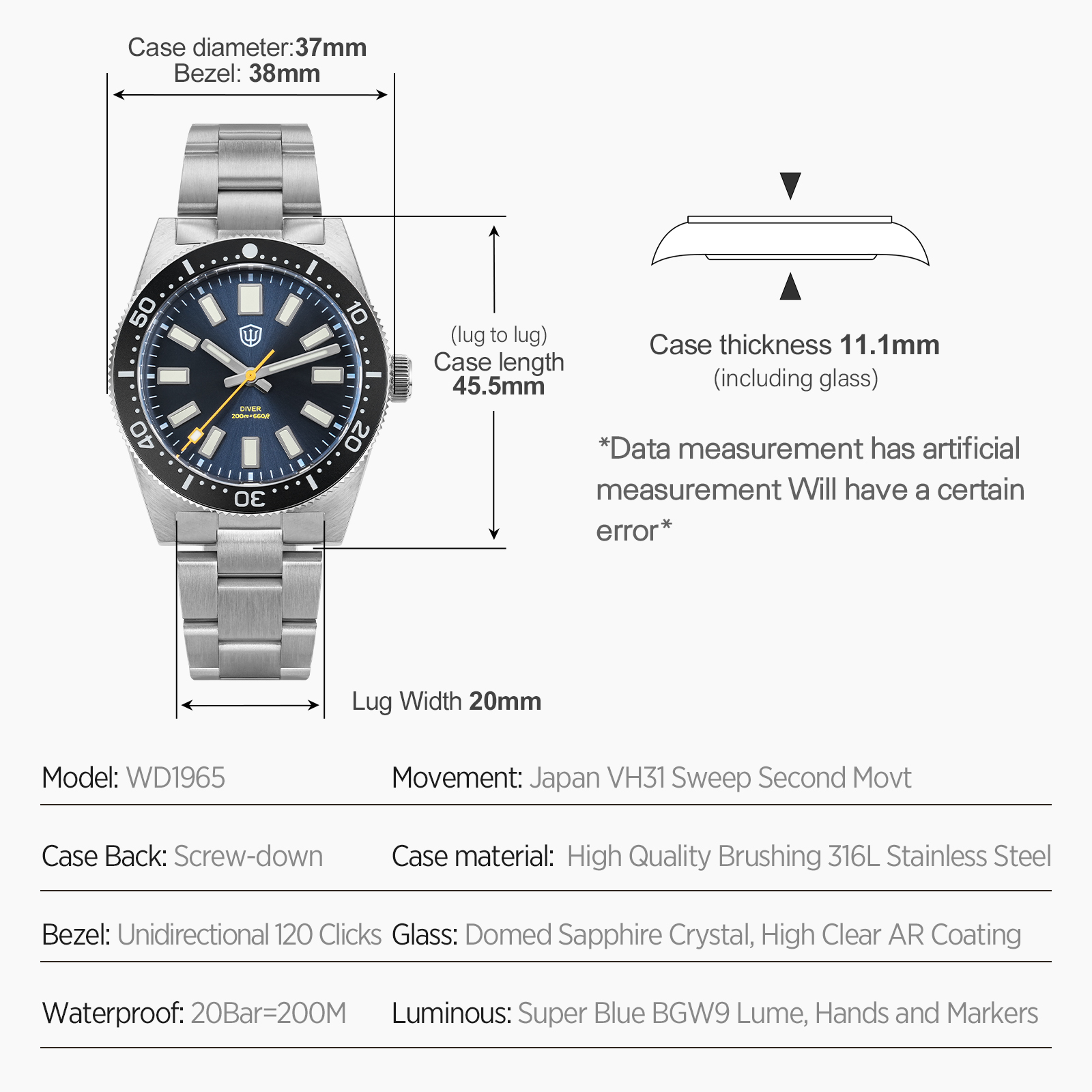 Watchdives 37Mm WD1965 V2 Man  - Jewellery Watch 评论和价格